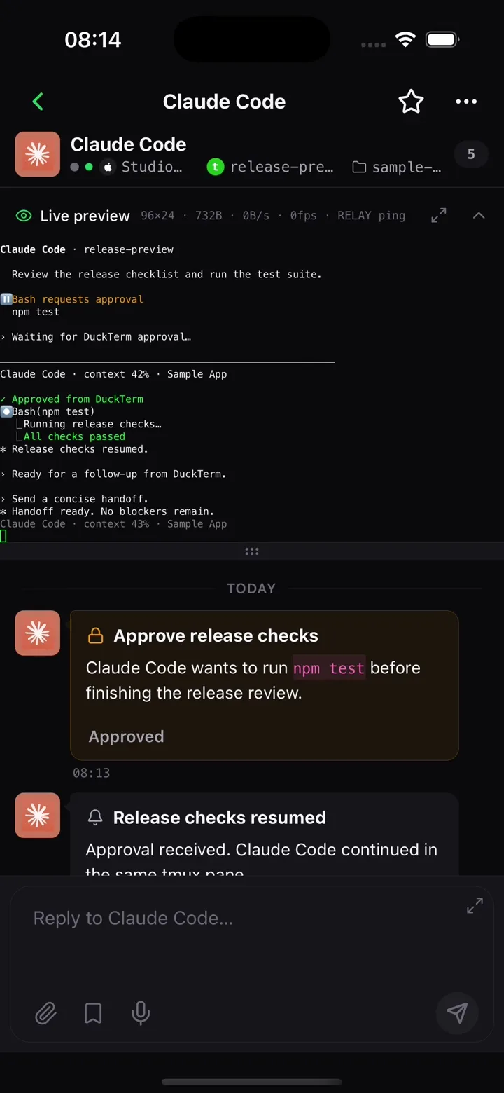 DuckTerm iPhone 앱에서 Claude Code 요청을 승인하고 채팅으로 답한 뒤 tmux 라이브 미리보기 열기